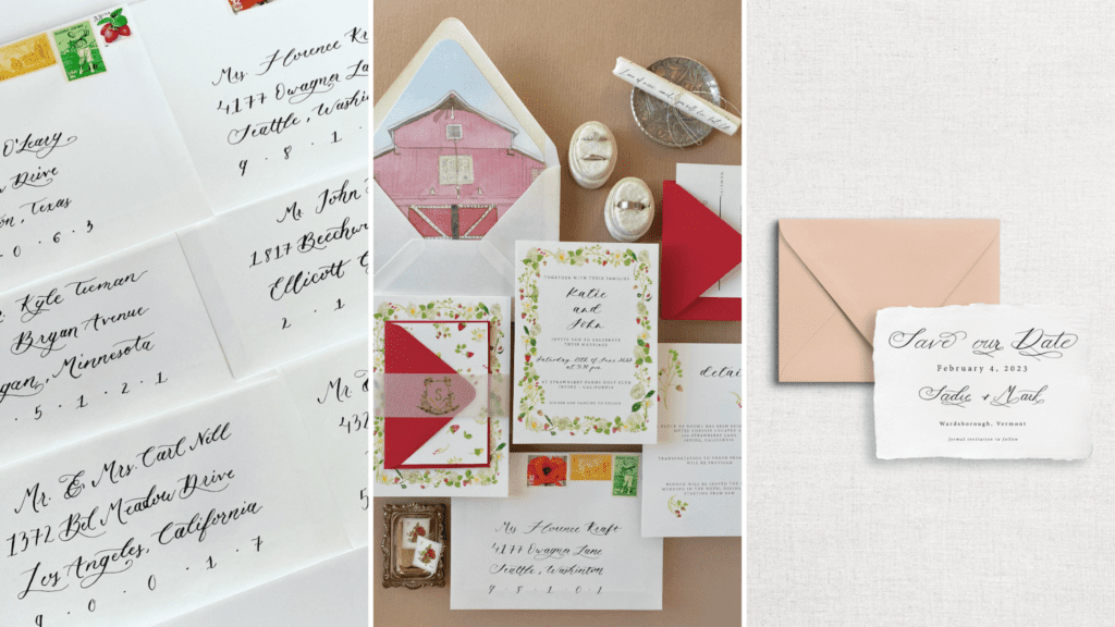 Collage of work done by a calligrapher and stationer. Includes envelope calligraphy, flat lay of custom wedding invitation suite, and a custom calligraphy letterpress save the date card